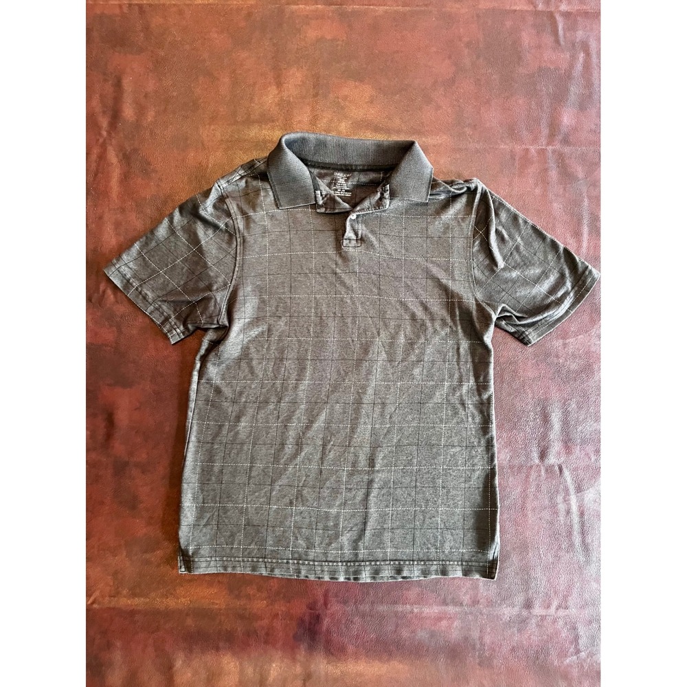 Haggar Mens Polo Shirt Medium Gray Windowpane Grid Fitted Short Sleeve Pique